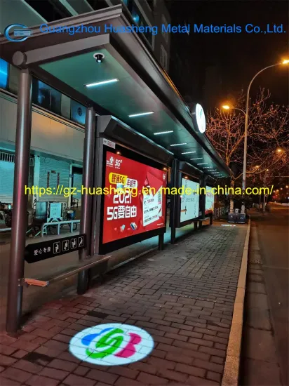 Refugios de parada de autobús de vidrio de Huasheng Fabricantes de refugios de parada de autobús de metal de China Refugio de parada solar Estación de autobuses Parada de autobús con luz solar Cajas de luz publicitarias